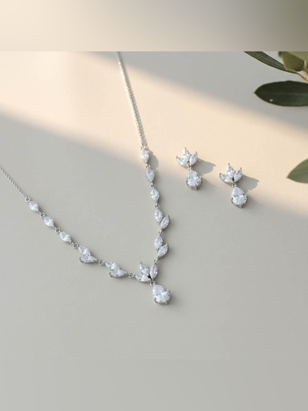 Silver (Rhodium) Necklace Earring Set Teardrop/Marquis